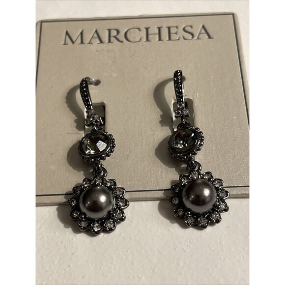 Marchesa Jewelry - Marchesa Faux Pearl Dangle Drop Gunmetal Tone Rhinestone Earrings $45 retail A84